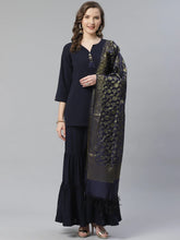 Women Navy Blue & Golden Solid Kurti with Sharara & Woven Design Dupatta (JOKPS D14NB 1349 Navy)-JOKPS-D14NB-1349